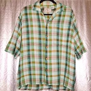 Address Unknown EUC L bright green plaid short-sleeved button-down shirt